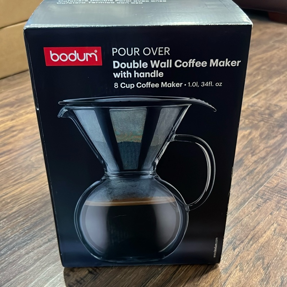 New in box, bodum pour over double wall coffee maker with handle